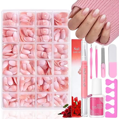 Falsche Nägel Tips Set - 360 Stück Rosa Farbverlauf Weiß Falsche Nägel Zum Aufkleben - 15 Größen Oval Künstliche Nägel Fingernägel mit Nagelöl Stift für Nail Extensions DIY (Pink Short Oval)