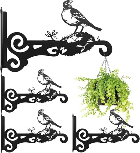 4 Packs Metal Plant Hangers, Heavy Duty Iron Hanger Wall Hooks ,Outdoor Wall Basket Brackets for Plants, Bird Feeders, Wind Chimes & Lanterns – Rust-Resistant,Decorative Hanging Brackets (Black 4 Pcs)