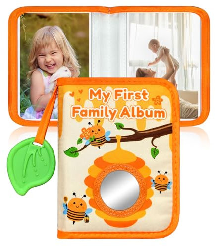 BOHEMIABY Bio-Baumwolle Baby Fotoalbum Stoff | mit Latex-Anhänger und Sicherheitsspiegel als Erinnerungsalbum | Unterbringen 10x15 cm Foto| Fotoalbum Junge Mädchen Baby Geschenk (Biene)