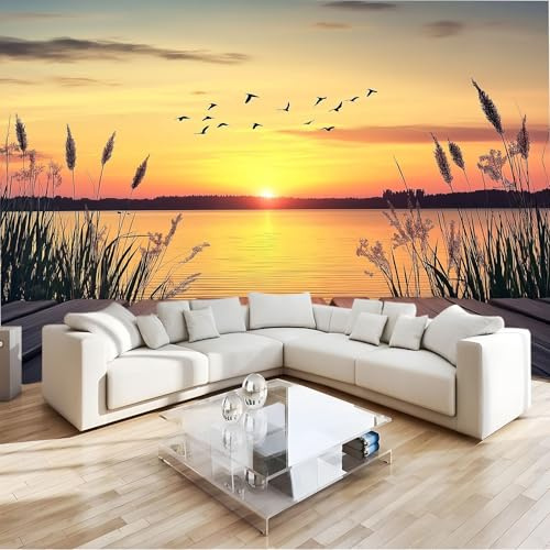 Gold Fototapete Vlies Sonnenuntergang Schilf Vögel 3D Wandbild, Uv-Beständig & Schadstofffrei, Modernes Wanddeko, Für Wohnzimmer, Schlafzimmer, Kinderzimmer - Leicht Zu Installieren B400 X H280 Cm