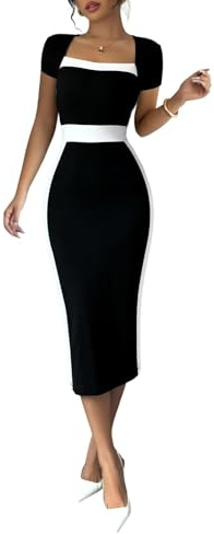 SOLY HUX Women's Pencil Midi Dress Short Sleeve Bodycon Elegant Business Dresses Cocktail Dresses Black and White Medium