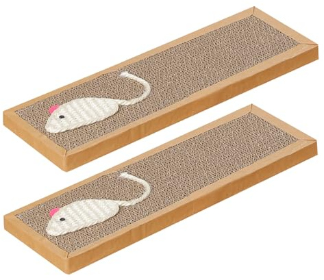 Pack - 2 doppelseitige Kratzmatte mit Katzenminze & Maus Spielzeug - Reversible Wellpappe Kratzbaum für Indoor Katzen - Kratzbrett für Krallenpflege & Möbelschutz (38 x 12 x 1,8) CM