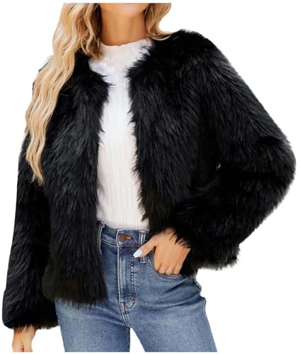 Flodxo Damen Kunstfellmantel, Winterjacke, offene Vorderseite, Übergröße, kurze Pelzjacke, warm, flauschig, Mantel, Bolero, Kunstfell, weich, flauschig, dick, mit Fleece gefüttert