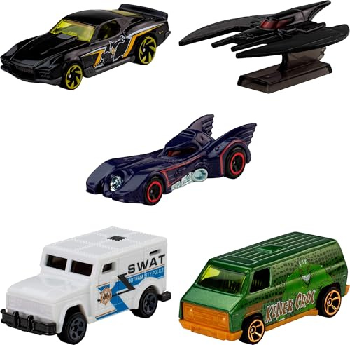 Hot Wheels Confezione 5 Veicoli Batman | Set di 5 modelli Die-Cast in scala 1:64, tra cui Batmobile, Batplano e camion blindato, JLN10