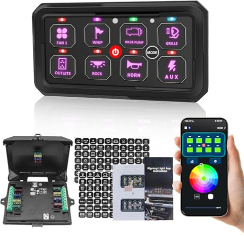 Chelhead RGB 8 gang Panneau d'interrupteurs avec contrôle par application, rétroéclairage intelligent 12 V rétroéclairage LED universel, multifonction, panneau d'interrupteurs marins étanches 8 gang