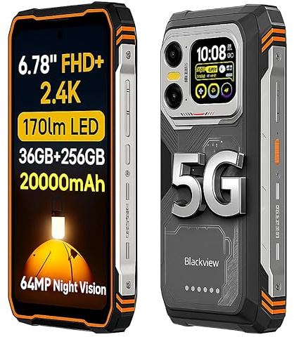 Blackview 5G IA Smartphone Resistente XPLORE 1, 36GB+256GB, Pantalla Dual 6,78 2,4K, Linternas LED 170lm, Cámara 64MP+50MP+20MP Visión Nocturna, Batería 20000mAh, IP68 IP69K Móvil Irrompible Naranja
