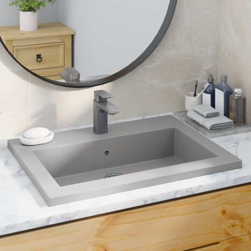 QJBSAVVA Waschbecken 600x450 mm Grau Granit Aufsatzwaschbecken mit Überlauf und Hahnloch Modernes Design für Bad WC und Garderobe