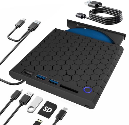 Ai-Yong Heng Lecteur CD DVD Externe pour PC, CD/DVD +/-RW Enregistreur USB 3.0 et Type-C, Portable Mince DVD Externe Player pour Windows PC Laptop Desktops 10/8/7/XP/Vista/Linux/Mac OS