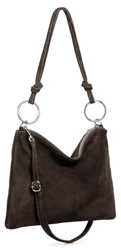 Caspar Samtweiche Wildleder Umhängetasche Damen Leder Schultertasche Modern Vintage Stil Handtasche - PREMIUM LINE - Modell No.858 - Made in Italy, Farbe:dunkelbraun