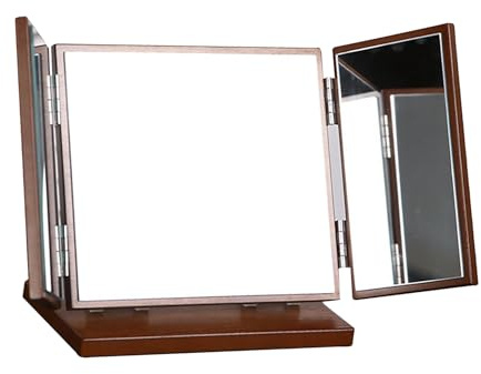 Miroir Cosmétique de Bureau en Bois Marron, Pliable à Trois Faces | Miroir 3 Faces Coiffure, Base en Bois, Surface Claire et Lisse, Motif Sculpté Vintage