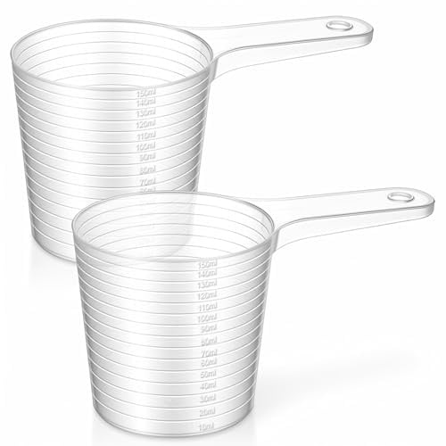 2 Stück Kunststoff Messbecher Set Kleiner Mini Messbecher 150ml Klein Waschpulver Transparent Präzisionsmessbecher mit Skala für Waschmittel Küche Labor Kochen Measuring Cups