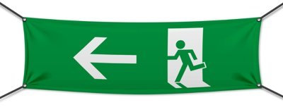 (PVC) Notausgang Piktogramm links Festival Banner, Plane, Werbeschild, Werbung, Werbebanner, 200 x 75 cm, DRUCKUNDSO