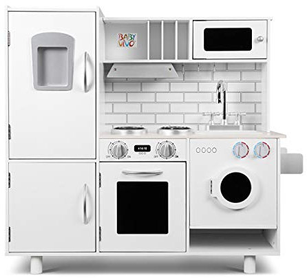 Baby Vivo Cocina de Juguete de Madera Microondas Niños Infantil Horno y Estufa Lavabo Lavadora - Bruno en Blanco