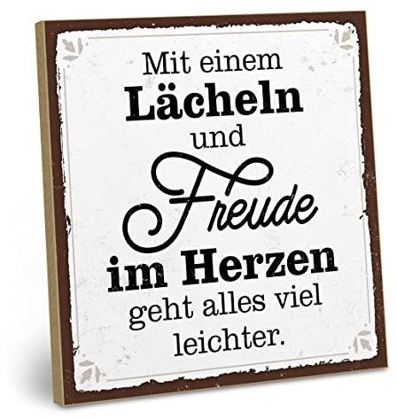 ARTFAVES® Wandbild Holzschild mit Spruch - MIT LÄCHELN UND FREUDE IM HERZEN - Türschild Retro Vintage Deko Bild Geschenk - Glücklichsein, Achtsamkeit
