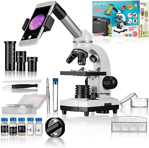 Bresser Biolux SEL Schülermikroskop Set mit Beleuchtung, Smartphoneadapter, Hartschalenkoffer, einem Experimentierset und viel Zubehör Weiß