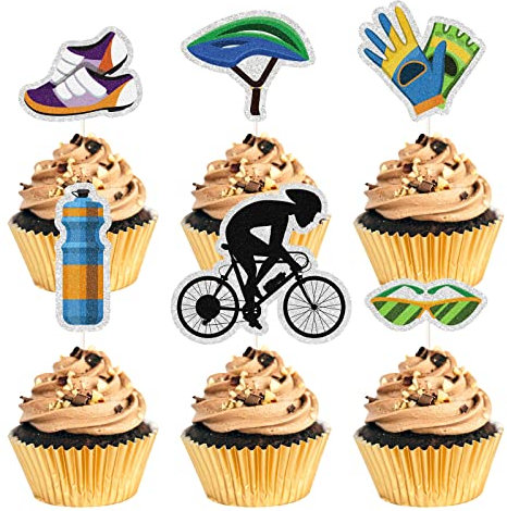 MEFENG I Love Cycling Happy Birthday Cupcake Toppers , Kids and Adult Birthday Cupcake Decor,Bike Theme Birthday Party Decorations, Bicycle Racing Party Supplies.(Rainbow Glitter)18PCS