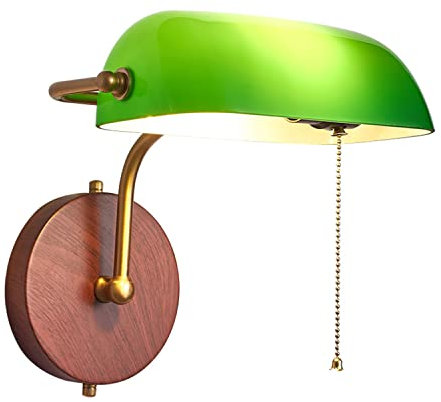 Wanddleuchte Mit Zugschalter Retro, Traditionelle Bankers Wandlampe, Grüne Glas Lampenschirm-Verstellbarer, Holzmaserung Basis, E27 Bankerlampe Wand Für Zuhause Bett Schreibtisch Büro
