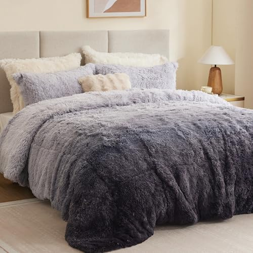 Intelligent Design Brielle, Long Shaggy Faux Fur Comforter Set, Plush Reverse, Trendy Ombre Design, Modern, Cozy All Season Bedding, Matching Sham, Full/Queen(90x90) Grey 3 Piece