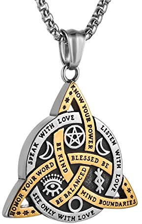 HZMAN Double Sided Stainless Steel Triple Goddess Triquetra Necklace Celtic Knot Irish Christian Trinity Knot Pendant Jewelry Gift (Silver Gold)