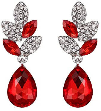 EVER FAITH® - Plata-Tono Hoja Lágrima Cristal Austriaco Pendientes Perforados Rojo Tono Plateado