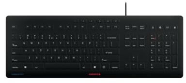 CHERRY Stream Protect Keyboard, kabelgebundene Tastatur mit abnehmbarem Silikon-Tastaturschutz, US-Internationales Layout (QWERTY), flaches Design, desinfizierbar, Schwarz