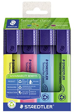 STAEDTLER Textmarker Textsurfer classic, aus recyceltem Kunststoff, großer Tintenspeicher, 1-5 mm Keilspitze, lange Lebensdauer, 4 Textmarker in sortierten Farben im Kartonetui, 364 RC4
