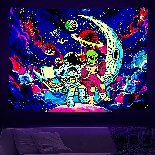 Psyhilar Astronaut Schwarzlicht Wandteppich für Männer, Schwarzlicht Alien Poster für Teenager Jungen, Lustiger Neon Galaxie Wandteppich (229 x 180 cm)