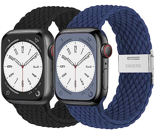 2Pcs Tressée pour bracelet Apple watch serie 9/8/7 41mm 45mm 6 5 4 se 44mm 40mm iWatch 3 42mm 38mm Femme/Homme,Sport Boucle unique Nylon Elastique pour Apple watch Ultra/2 49mm Band