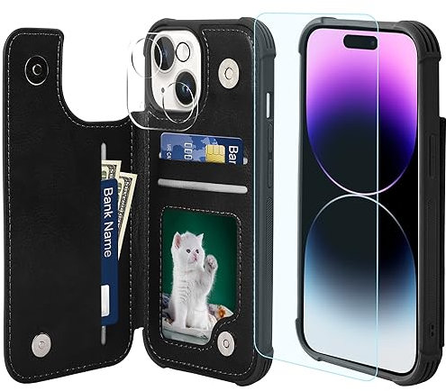 VANAVAGY Wallet Case Compatible for iPhone 15,Leather Flip Folio Shockproof Phone Cover Fit Magnetic Car Mount [Screen Protector Included] with Credit Card Holder for Apple 15, Black