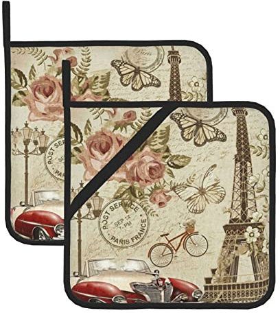 Topflappen für die Küche, 2er-Set, Motiv: Paris Postkarte, bedruckt, hitzebeständig, rutschfest, für Küche, Kochen, Backen, Grillen, Topflappen mit Taschen