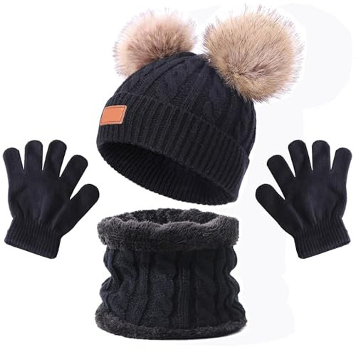 3 Stück Kinder Wintermütze Schal Handschuhe Mädchen Set Kindermütze Strickmütze Kinder Mütze Schal Set Jungen Warme Winter Beanie Hut Handschuhe runder Schal Set für Jungen Mädchen Kinder (Schwarz)