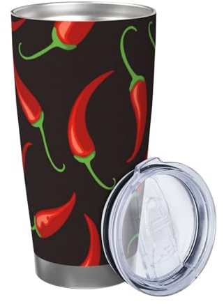 ZaKhs Becher mit rotem Chili-Druck, 590 ml, mit Deckel und Strohhalm, Edelstahl-Kaffeetasse, isolierter Reisebecher für Damen und Herren