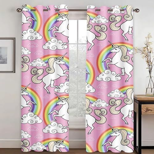 WEQEER Vorhänge Blickdicht Einhorn Verdunklungsgardine Karikatur Rosa Pferd Kinder Fenstervorhang Regenbogen Wolken drucken Vorhang für Kinderzimmer (8,220x215cm(2x110x215cm))