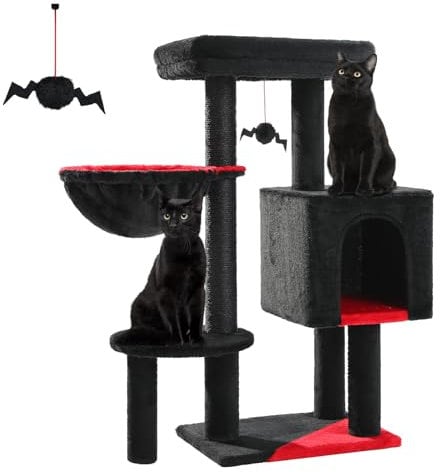Muttros Gothic Cat Tower 89,9 cm Schwarz Katzenhaus mit großem Sargbett, gruselige Bälle, Kratzbaum, bequeme Hängematte, für kleine, mittelgroße Katzen, Halloween