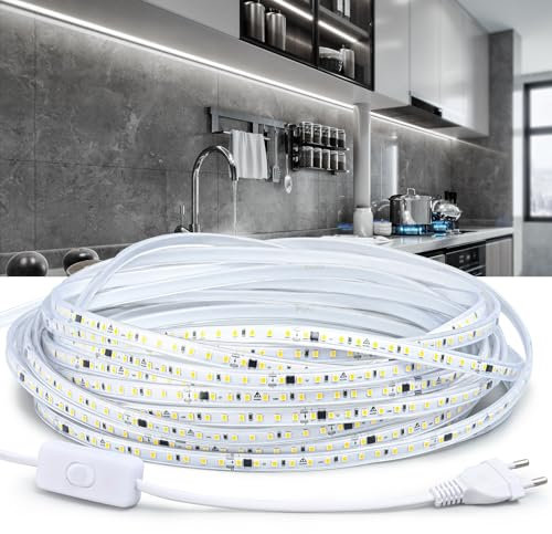 LED Strip Streifen 3m,230V led leiste lichtleiste aussenbereich wasserdicht lichtband, Weiß 6000K led lampe lampen,3Meters led band stripes mit Schalter, Home Decoration Küche Garten LED Beleuchtung