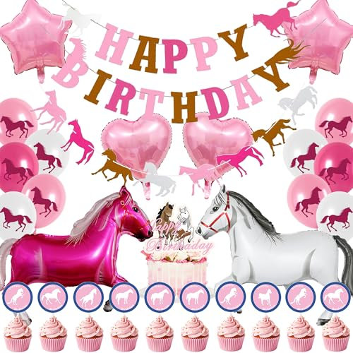 Rosa Pferde Geburtstagsdeko Luftballon Mädchen - Pferd Folienballon Happy Birthday Banner Girlande Tortendeko Set, Western Cowgirl Geburtstagsparty Zubehör Deko Kindergeburtstag