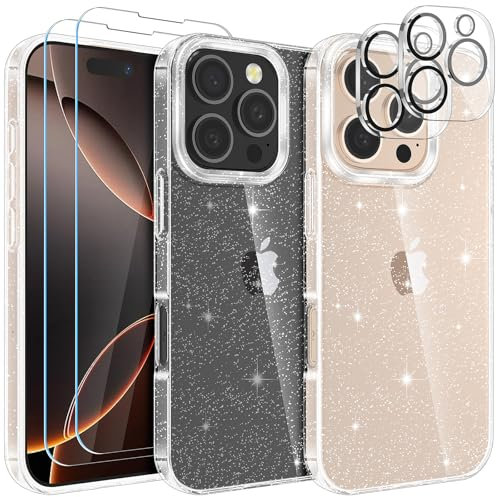 YIRSUR Compatible with iPhone 16 Pro 6.3 Inch Glitter Clear Case with 2X Screen Protector with 2X Camera Lens Protector, Slim Soft TPU Bumper Anti-Scratch Shockproof Case Women Girls for iPhone 16 Pro