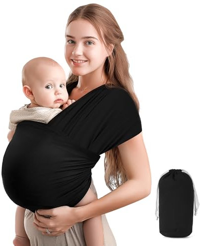 WUFANC Tragetuch Baby Neugeboren, Baby Tragetuch Neugeborene aus Weicher Baumwolle, Belastbar Bis 15 kg, Schwarz Babytragetuch mit Länge 5,3m,Einfach zu Binden,Geeignet Babytrage Neugeborene Ab Geburt