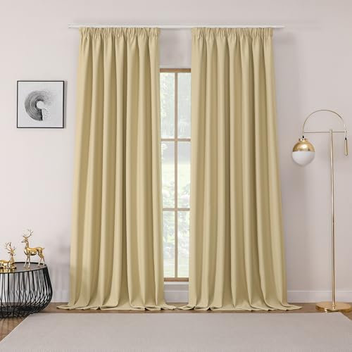 Joydeco Gardinen mit Kräuselband Blickdicht Vorhänge Schienensystem Verdunkelungsvorhang mit Haken Thermovorhang Kälteschutz Schlafzimmer Wohnzimmer 2er Set 245x132cm Beige