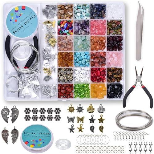 Eliano DIY Schmuckset – 24 Farben Steinperlen (ca. 45–50/Stück), 16 Charms & Werkzeug – Für Armbänder, Halsketten & Ohrringe