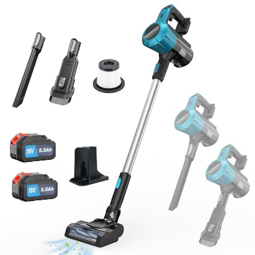 Akku Staubsauger für Makita Akku 18V, 45000Pa / 550W Staubsauger, Staubsauger Kabellos mit 2PCS 5500mAh Batterien, 0.6L Stielstaubsauger für Tierhaare, Teppich und Hartboden
