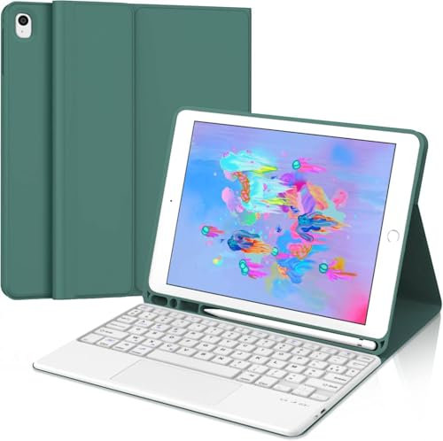 iPad 6 Generation Hülle mit Tastatur - Tastatur mit Touchpad für iPad 6th/5th Generation 2018/2017 9,7 Zoll, Abnehmbare Kabellose QWERTZ Layout, 7 Farben Beleuchtete (Dunkelgrün)