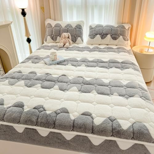 LDLCYCN G,Pillowcase*2, Warmer Matratzenbezug Queen/King/Full Size Plüsch-Matratzenschoner Milchsamt-Spannbettlaken Mit Gummiband Rutschfester Matratzen-Staubschutz Für Die Ganze Saison
