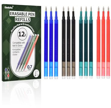 Donluhu Radierbare Ersatzminen [3 Blau, 3 Schwarz, 3 Rot und 3 Grün, 12er Pack, 0.7mm] Kompatibel mit Pilot FriXion Ball & Clicker & Eberhard Faber Erase Stifte, Ersatzmine für Gelstift radierbar