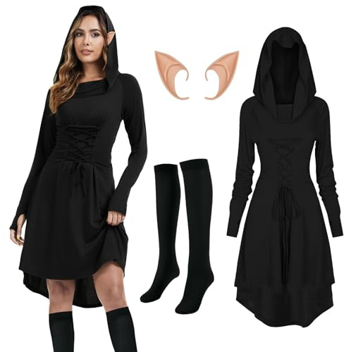 rumnigh Abbigliamento medievale da donna, vestito gotico medievale, abito rinascimentale, con orecchie da elfo e calzini sopra il ginocchio, per Carnevale Halloween