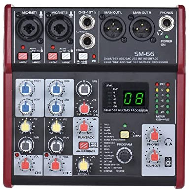 RUHEN Console de mixage Portable SM-66 à 4 canaux avec 16 Effets intégrés et Interface Audio USB, Prise en Charge d'une Batterie Externe 5 V