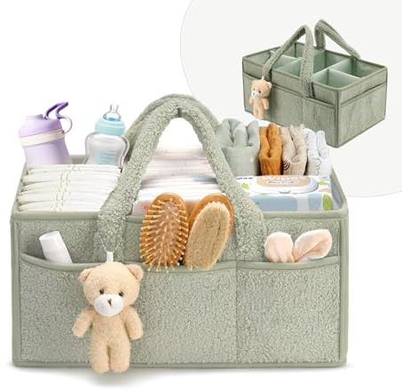 Baby Wickeltasche Organizer 38x25.4x17.8cm Plüsch Wickelkorb Mit Bär, Wickeltisch Organizer mit Wechselbaren Fächer, Multifunktional Tragbar Wickel Organizer für Feuchttücher und Babysachen (grün)