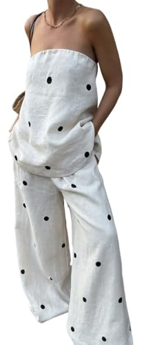Suncadmious Top e pantaloni a fascia a pois a due pezzi da donna Set estivo abbinato Top a tubo rotondo senza spalline e pantaloni a gamba larga Set casual (Bianco,M)