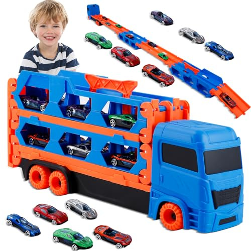 ausurme Transport Truck Toys Cars for Kids, Portable Race Track with 10 Cars, Foldable Race Track Truck, Carrier Vehicle Toys Set for Boys Birthday
