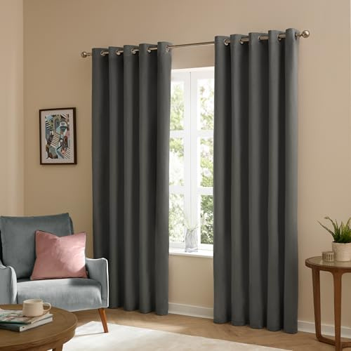 furn. The Ultimate Velvet Eyelet Curtains (Grey-168x229cm) | Soft Stylish Light Filtering Matte Velvet Curtain Pair